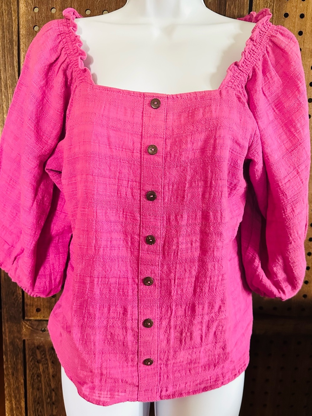 Versona Hot Pink Button-Front Square Neck Blouse Size XS